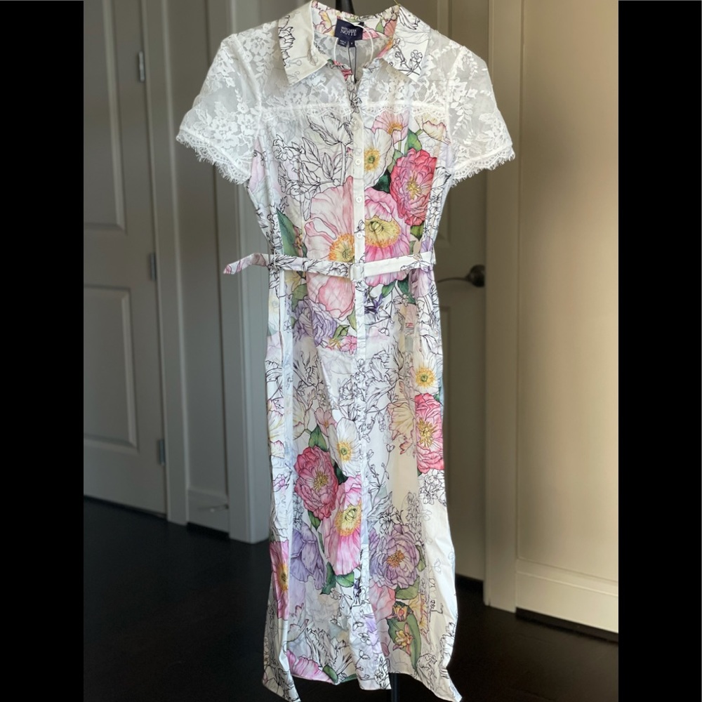 Marchesa Notte Short Sleeve Collared Shirt Dress with Lace Yoke in ivory